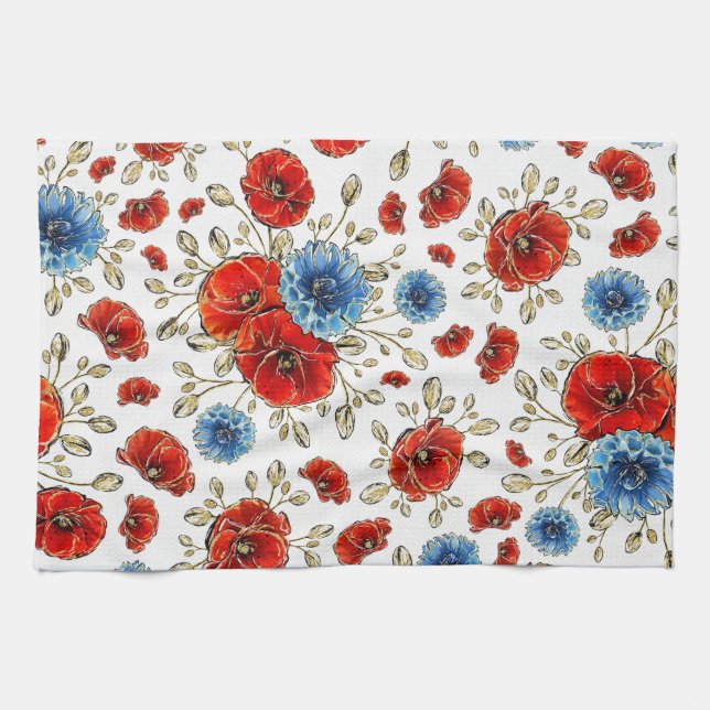 Elegant Blå, Röda och Guld ihågkommande poppies Kökshandduk (Horisontell)