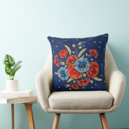 Elegant Blå, Röda och Guld ihågkommande poppies Kudde