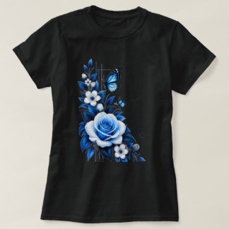 Elegant blå ros blom grafisk svart dam t-shirt