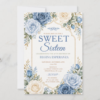 Elegant Blå Ros Sweet Sixteen Födelsedag Inbjudningar