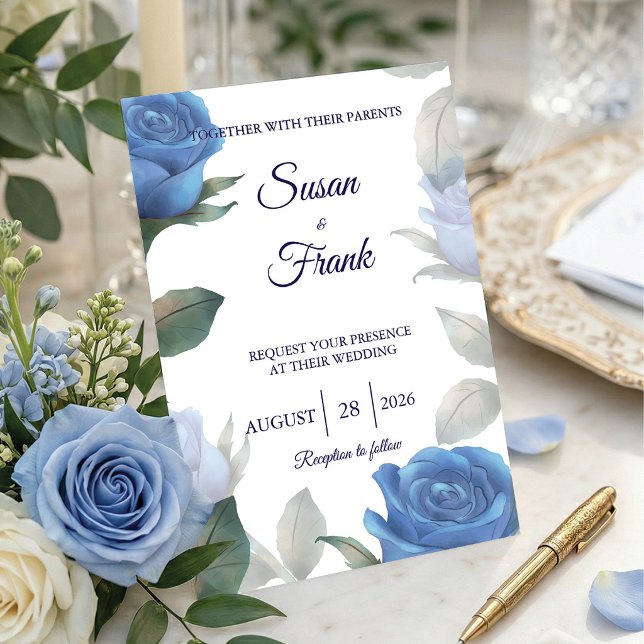 Elegant Blå Ros Vattenfärg Blommig Bröllop Inbjudningar (A perfect touch of blue for your special day. 🕊️💙)