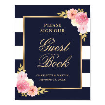 Elegant blå rosa blommig bröllopsgästbokssignering
