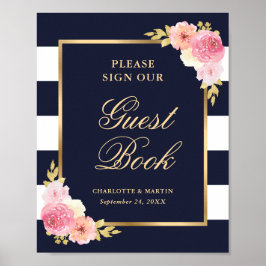 Elegant blå rosa blommig bröllopsgästbokssignering poster