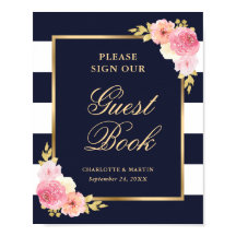 Elegant blå rosa blomsterbröllop gästbokskylt