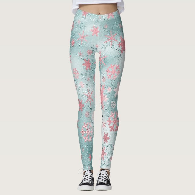 Elegant Blå Rosa jul Snowflake Mönster Leggings (Framsida)
