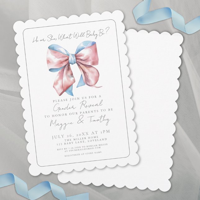 Elegant Blå Rosa Slöja Köns Avslöjande Inbjudningar (Elegant Blue Pink Bow Gender Reveal Invitation)
