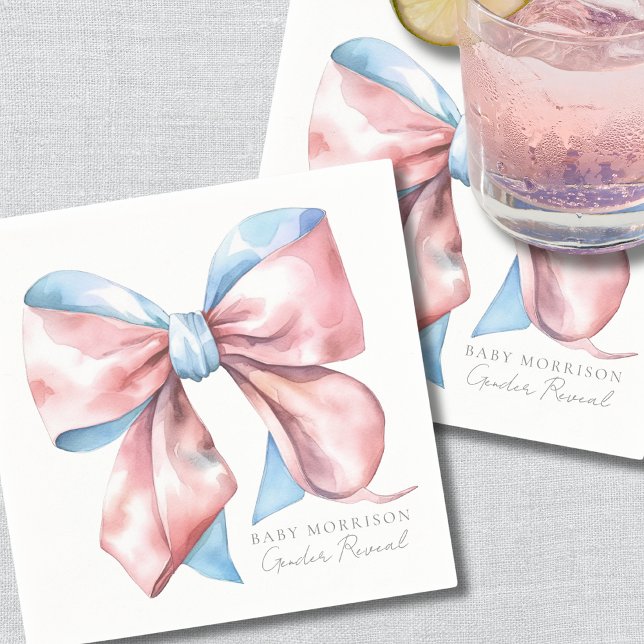 Elegant Blå Rosa Slöja Köns Avslöjande Pappersservett (Elegant Blue Pink Bow Gender Reveal Napkins)