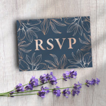 Elegant blå & roséguld bladverk RSVP QR-kod Bröllo