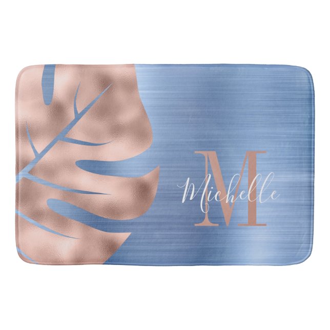 Elegant blå roséguld palmbladmonogram badrumsmatta (Framsidan)