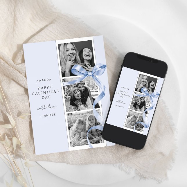 Elegant blå rosett 3 Foto Galentines dag-kort Julkort (Skapare uppladdad)