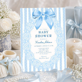 Elegant blå rosett Blommig spets Baby Shower Inbjudningar