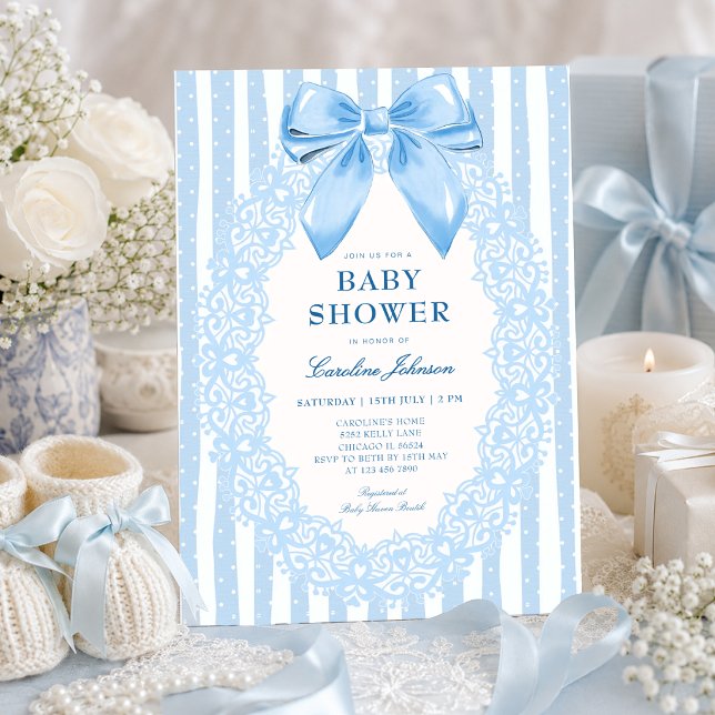Elegant blå rosett Blommig spets Baby Shower  Inbjudningar (Skapare uppladdad)