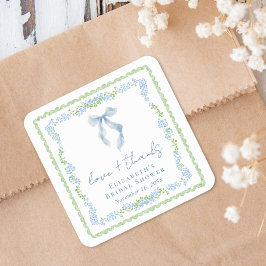 Elegant blå rosett bröllopsdusch tack fyrkantigt klistermärke