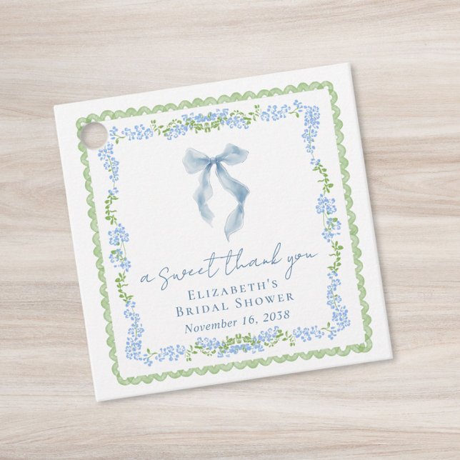 Elegant blå rosett bröllopsdusch tack gåvor etiketter (Elegant Blue Bow Bridal Shower Thank You Favor Tags)