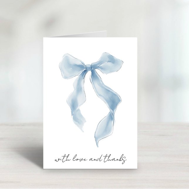 Elegant blå rosett Bröllopsdusch vattenfärg  Tack Kort (Elegant Blue Bow Watercolor Bridal Shower Thank You Card)