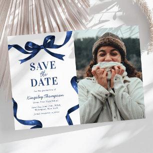 Elegant blå rosett examen Save the Date Spara Datumet