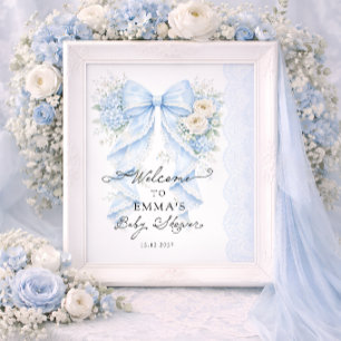 Elegant blå rosett floral pojke baby shower välkom poster