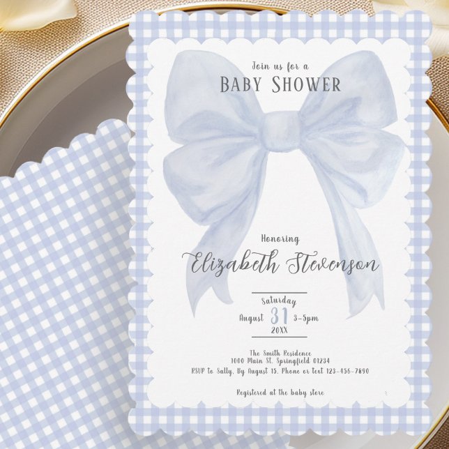 Elegant blå rosett gingham baby shower inbjudan (Skapare uppladdad)
