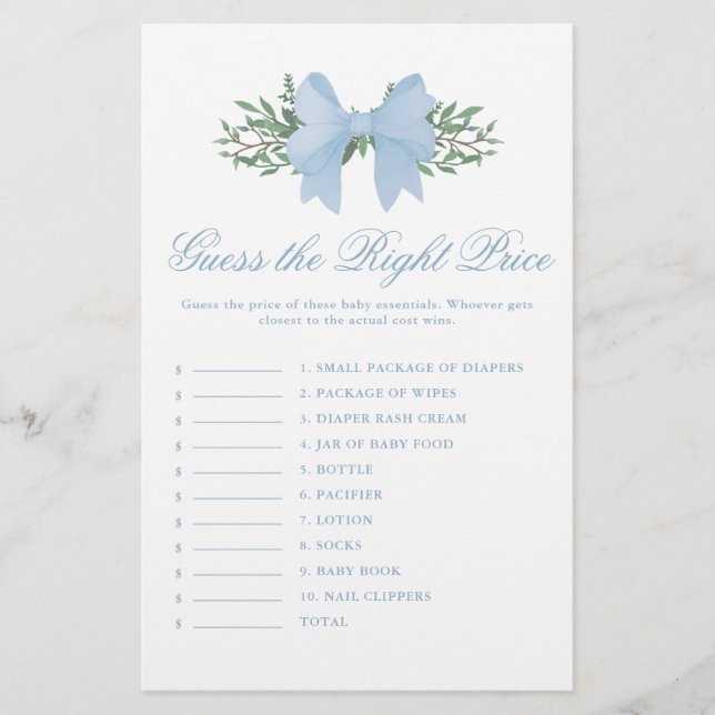 Elegant blå rosett Gissa priset Baby Shower-spel (Framsida)