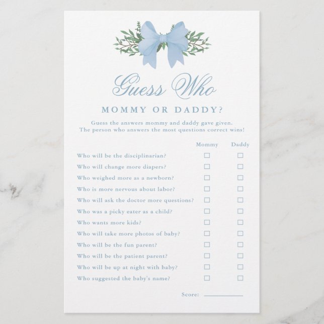 Elegant blå rosett Gissa vem baby shower-spel (Framsida)