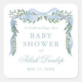 Elegant blå rosett med grönska pojke baby shower fyrkantigt klistermärke