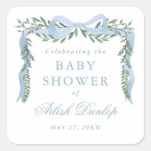 Elegant blå rosett med grönska pojke baby shower fyrkantigt klistermärke