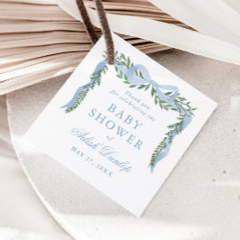 Elegant blå rosett med grönska pojke baby shower gåvor etiketter