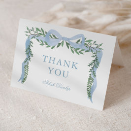 Elegant blå rosett med grönska pojke baby shower tack kort