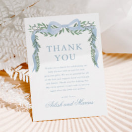 Elegant blå rosett med grönska pojke baby shower tack kort