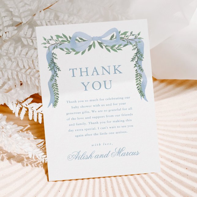 Elegant blå rosett med grönska pojke baby shower tack kort (Elegant blue bow greenery baby shower thank you cards.)