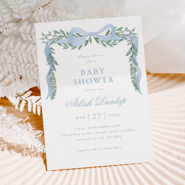 Elegant blå rosett med grönska Pojke Babyfirande Inbjudningar (Elegant Blue Bow Greenery Boy Baby Shower Invitation.)