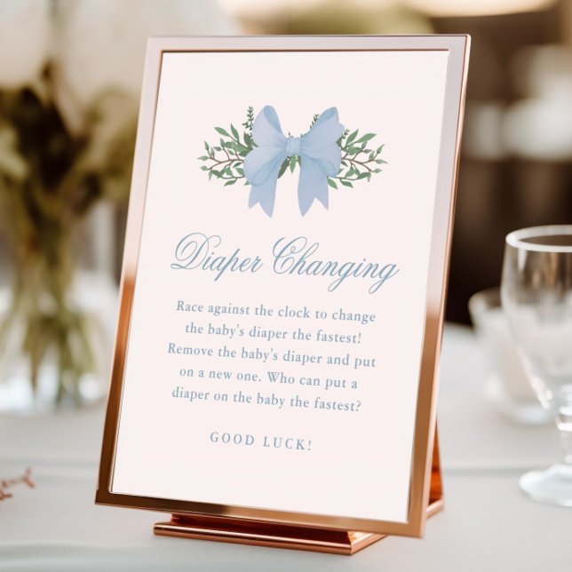 Elegant blå rosett pojkars baby shower blöjbyte  fototryck (Elegant blue bow diaper changing baby shower game sign.)