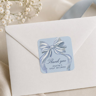 Elegant blå rosett pojke baby shower tackkort fyrkantigt klistermärke