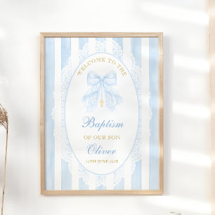 Elegant blå rosett pojke dop välkomstskylt poster