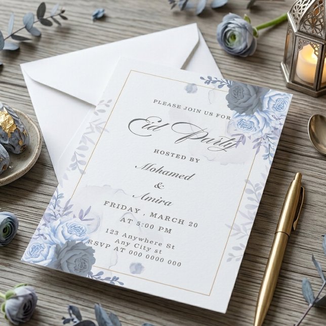 Elegant Blå Rosor Eid-fest Invitation Inbjudningar (Skapare uppladdad)