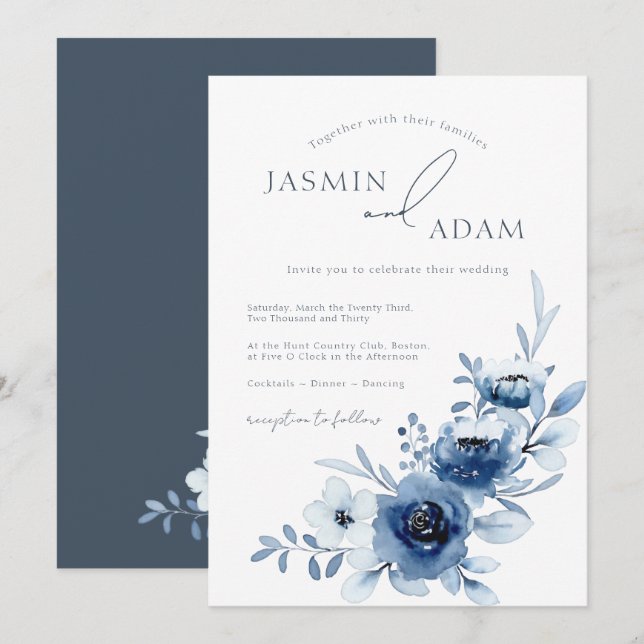 Elegant Blå Rosor Monogram Bröllop Inbjudningar (Fram/baksida)