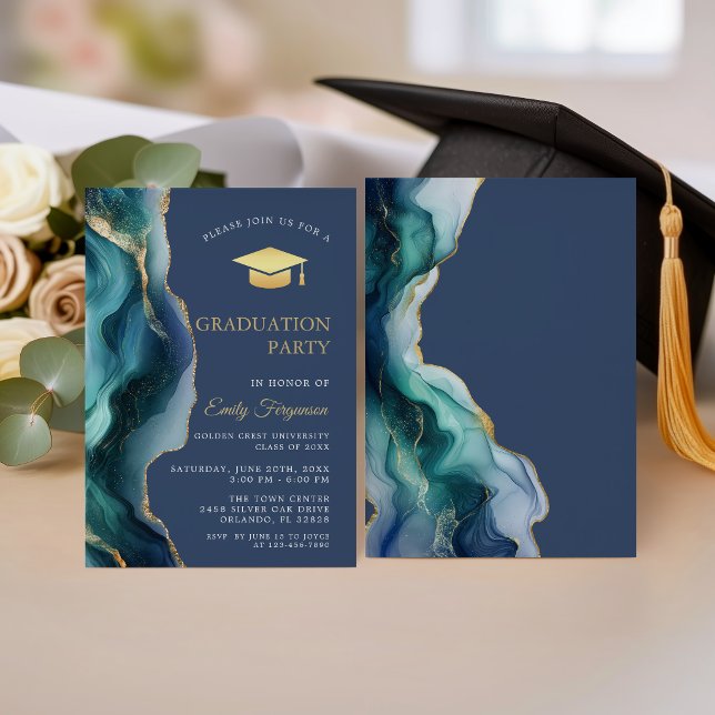 Elegant blå safir agat-examen fest inbjudningar (Modern Blue Sapphire Agate Graduation party invitation)