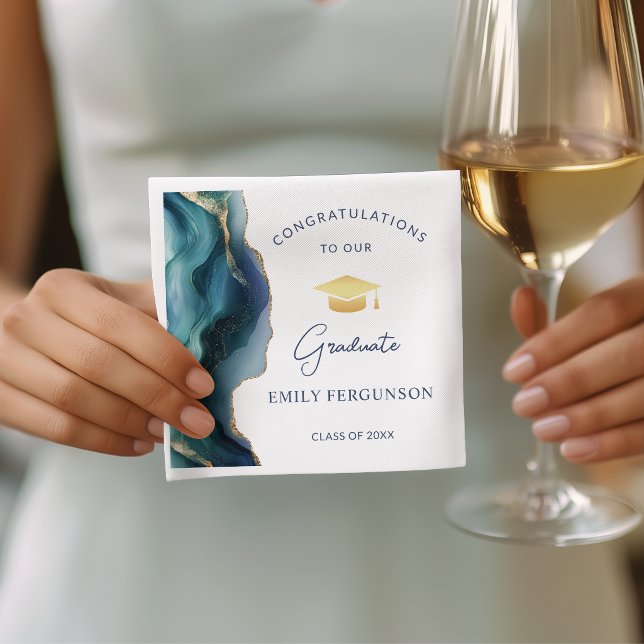 Elegant blå safir Grattis på examen Pappersservett (Elegant Blue Sapphire agate graduation party decor table paper napkin)