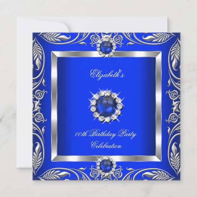 Elegant Blå Silver Blommig Pärl Smycke Födelsedag Inbjudningar (Framsida)