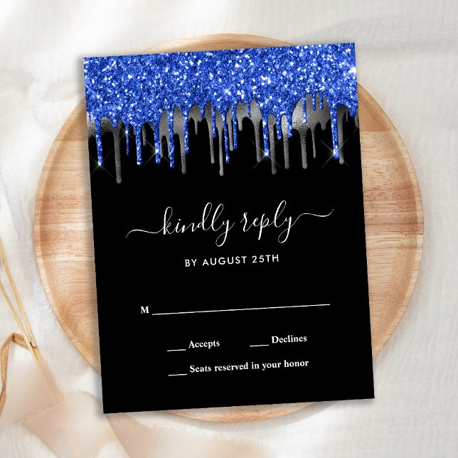 Elegant blå silver glitter droppar bröllop RSVP Inbjudan Vykort (Skapare uppladdad)