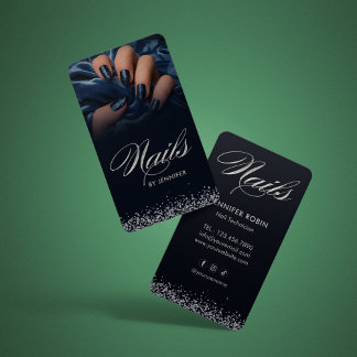 Elegant blå & silver glitter nagelsalong företagsi visitkort