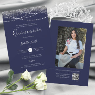 Elegant blå silver glitter Quinceanera foto Inbjudningar