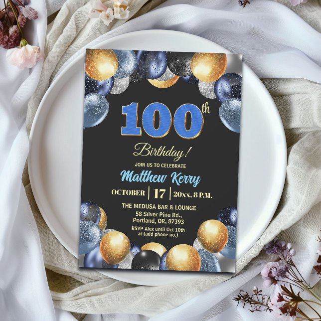 Elegant blå silver guld 100-års födelsedagsfest inbjudningar (Skapare uppladdad)
