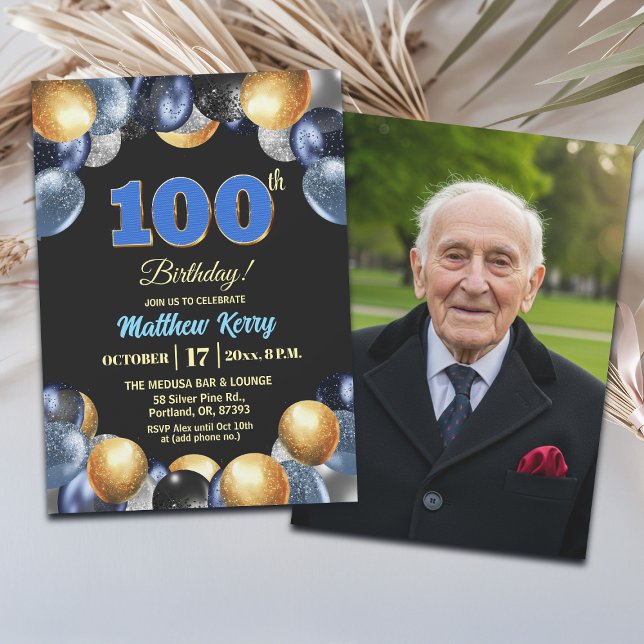 Elegant Blå Silver Guld 100-års Födelsedagsfoto  Inbjudningar (Skapare uppladdad)