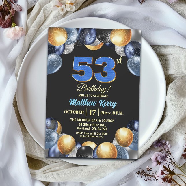 Elegant blå silver guld 53-års födelsedagsfest inbjudningar (Skapare uppladdad)
