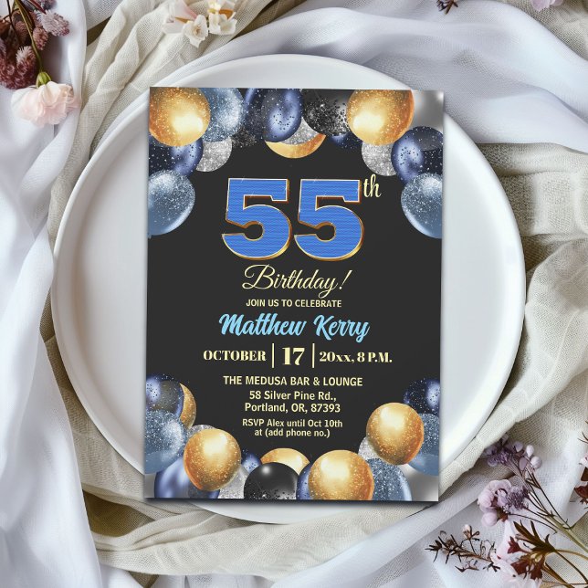 Elegant blå silver guld 55-års födelsedagsfest inbjudningar (Skapare uppladdad)