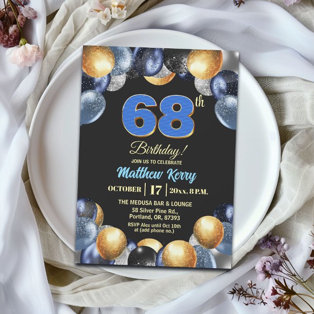 Elegant blå silver guld 68-års födelsedagsfest inbjudningar (Skapare uppladdad)
