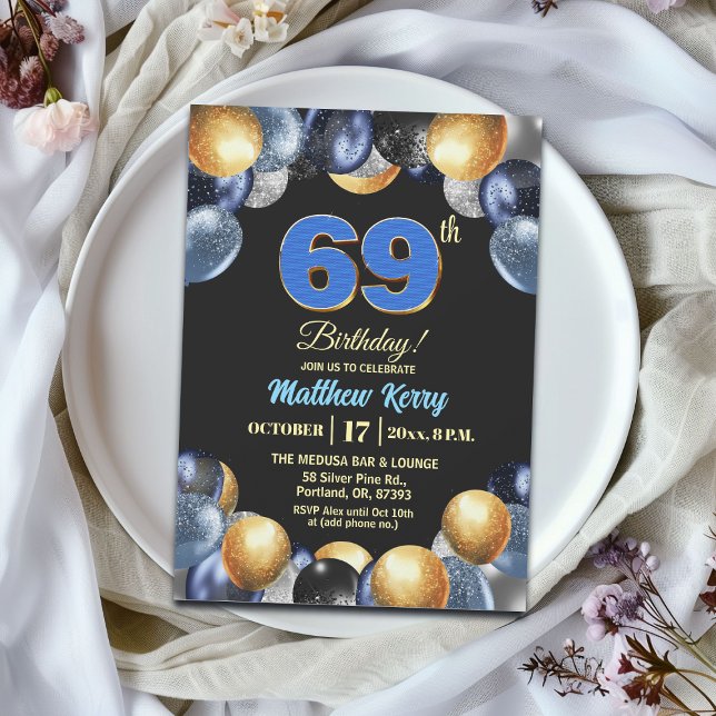 Elegant blå silver guld 69-årsfest inbjudningar (Skapare uppladdad)