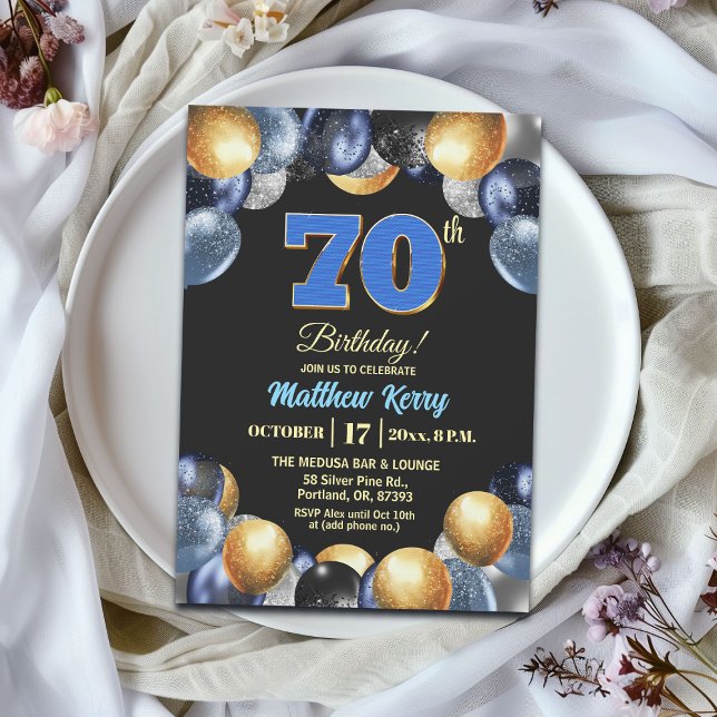 Elegant blå silver guld 70-årsfest inbjudningar (Skapare uppladdad)
