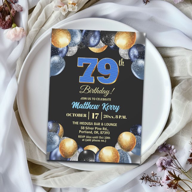 Elegant blå silver guld 79-års födelsedagsfest inbjudningar (Skapare uppladdad)